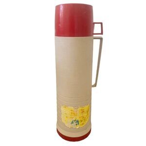 Vintage Thermos With Lid Tan Red Plastic, Quart - insulated - outdoor